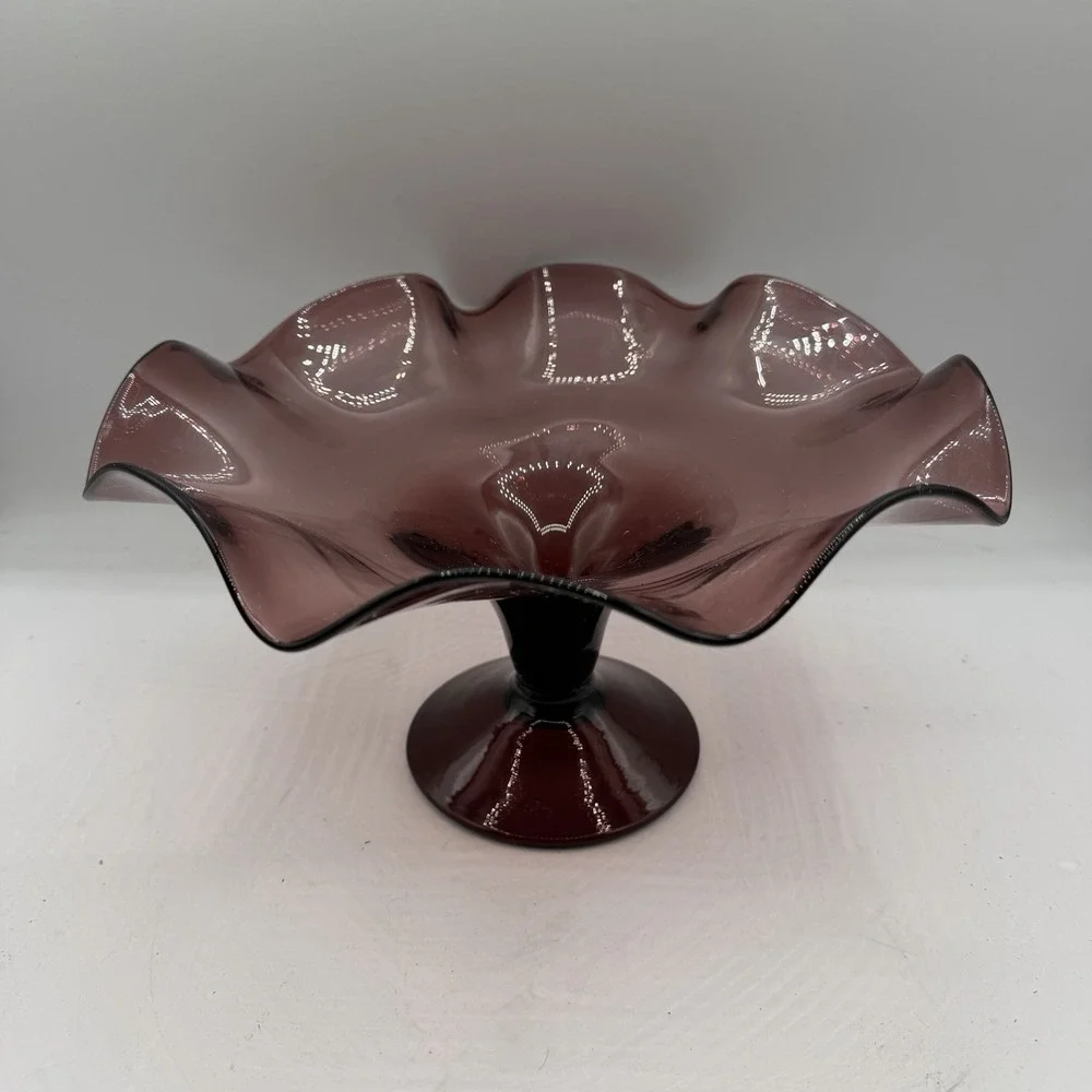 Vintage Handblown Art Glass Amethyst Purple Ruffled Scalloped Edge Compote Dish